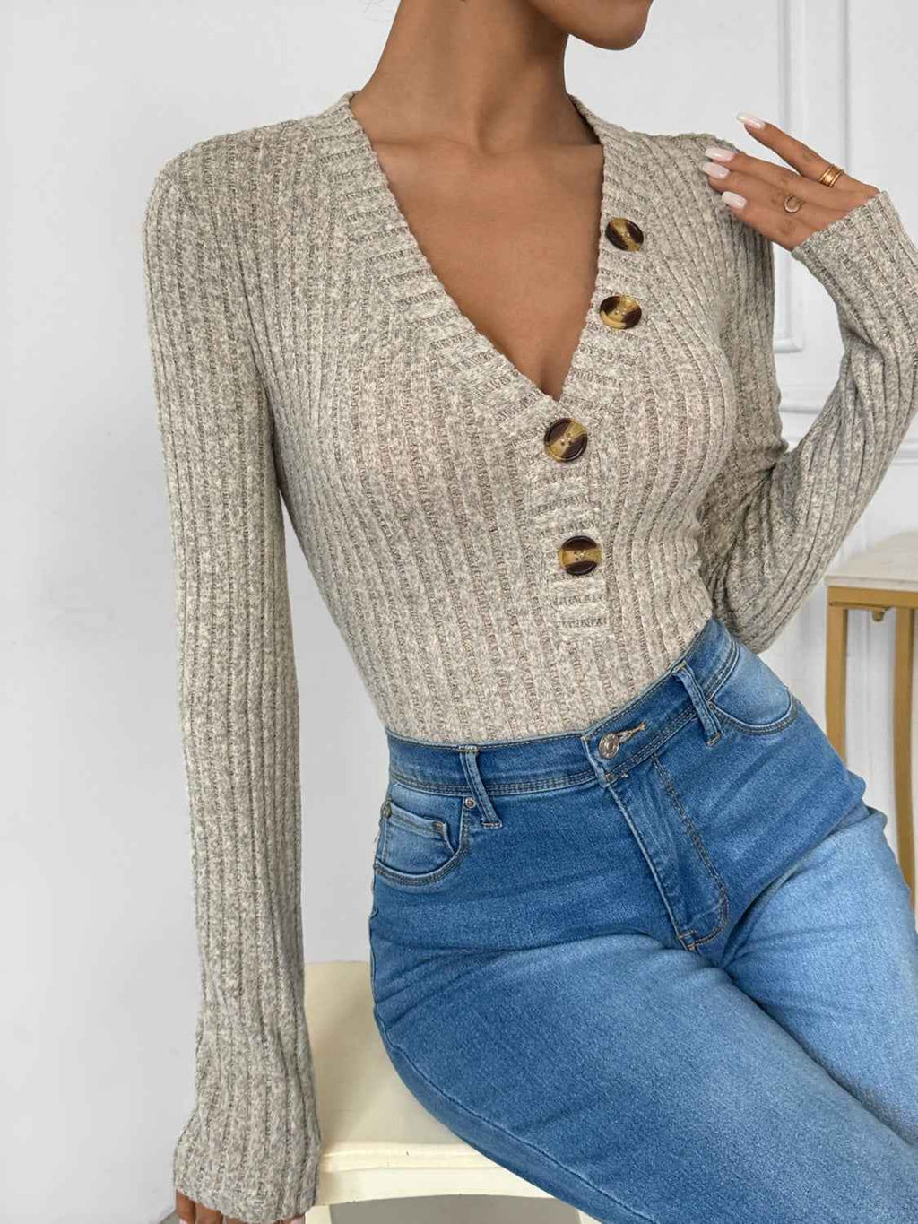 Perfee V-Neck Long Sleeve Bodysuit by Wild and Free Boutique