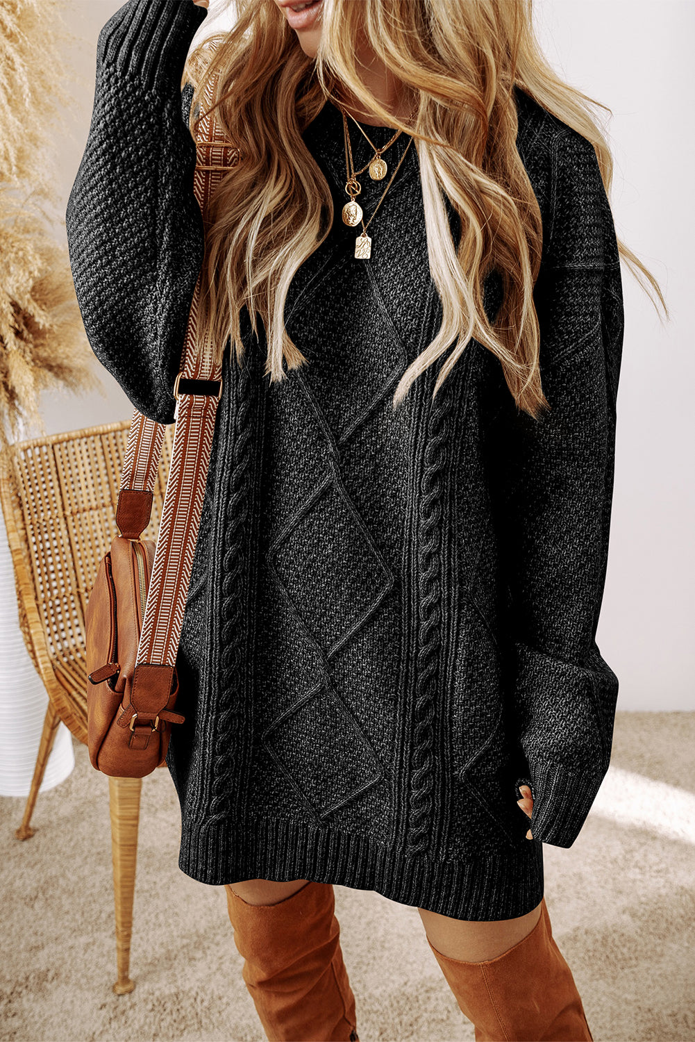 Coffee Cable Knit Drop Shoulder Loose Fit Sweater Dress by Dear-Lover Dropshipping
