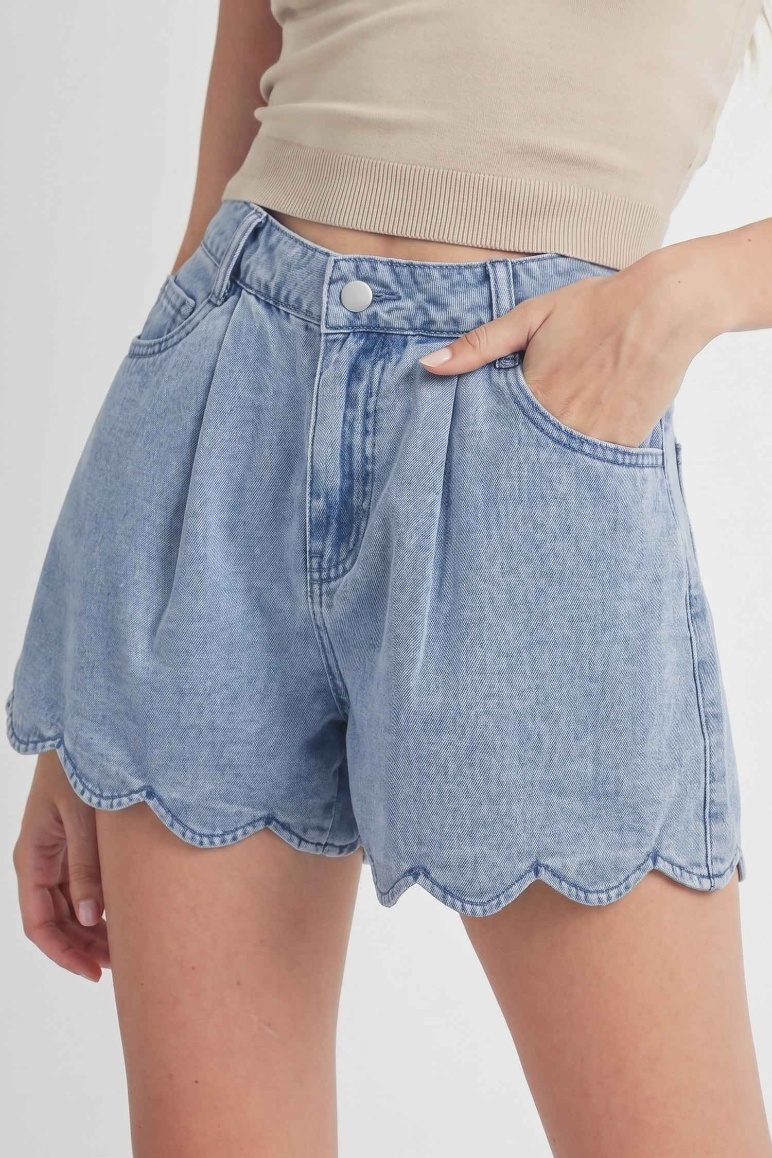 Myosotis Solid Color Scalloped Trim Casual Denim Shorts by Dear-Lover Dropshipping