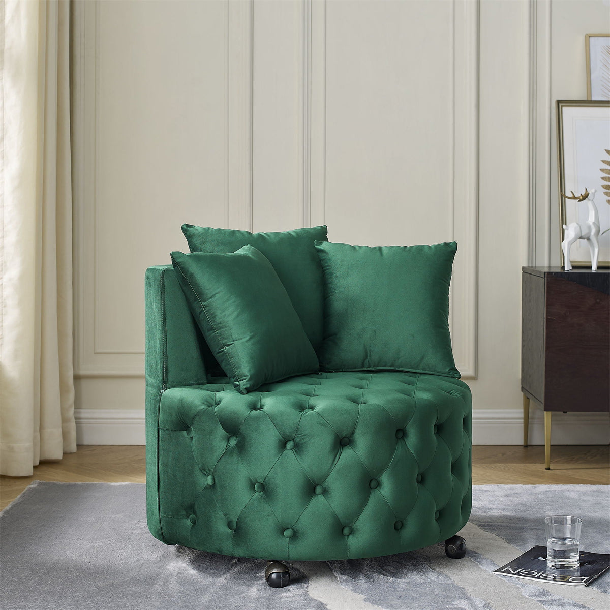 Modern Upholstered Swivel Chair With Button Tufted Design And Movable Wheels by Unique Piece Furniture