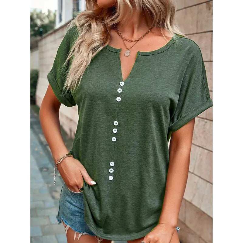 Summer V-neck Short Sleeve Button Design Blouse by Trendy Attic Store01