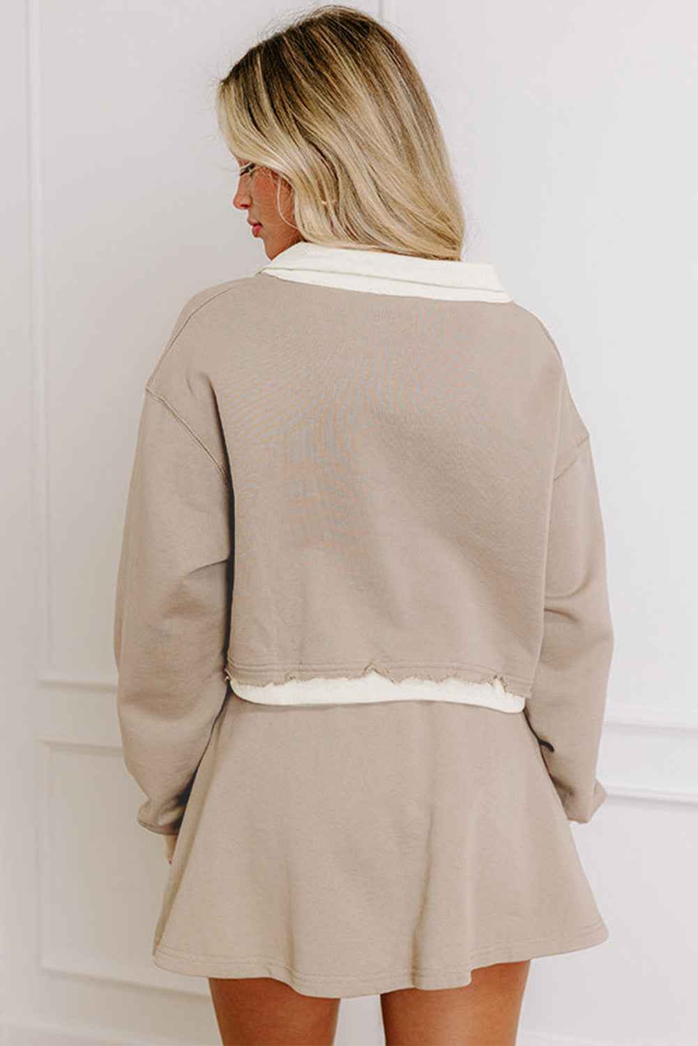 Parchment Raw Edge Detail Patchwork Cropped Pullover Drawstring Skirt Set by Wild and Free Boutique