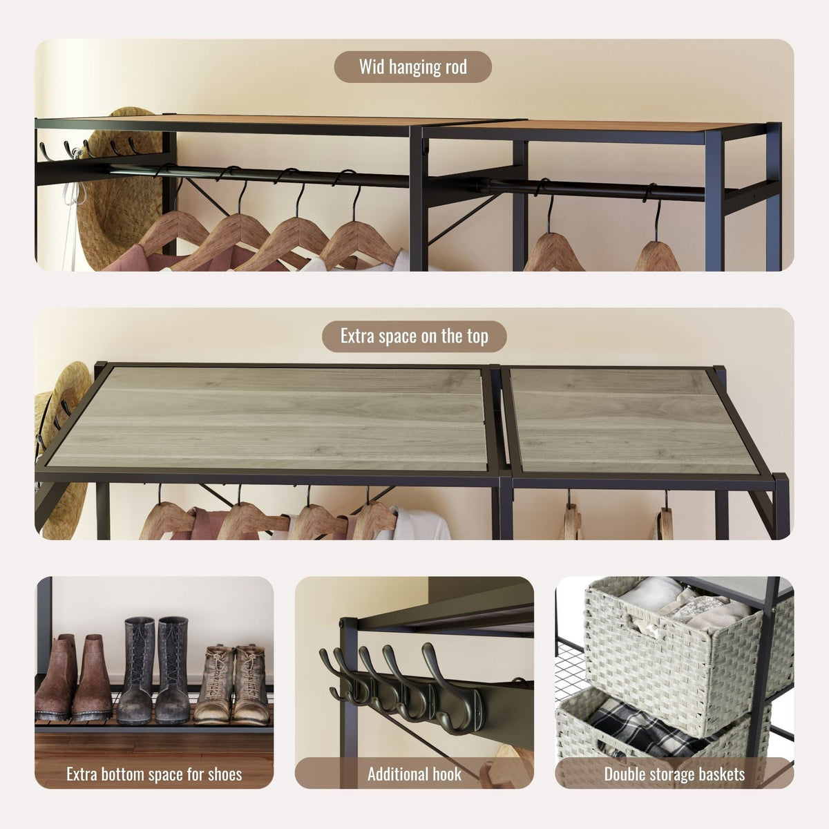 Garment Rack With Shelves, 2 Wicker Drawers, 4 Hooks, Organizer by Unique Piece Furniture