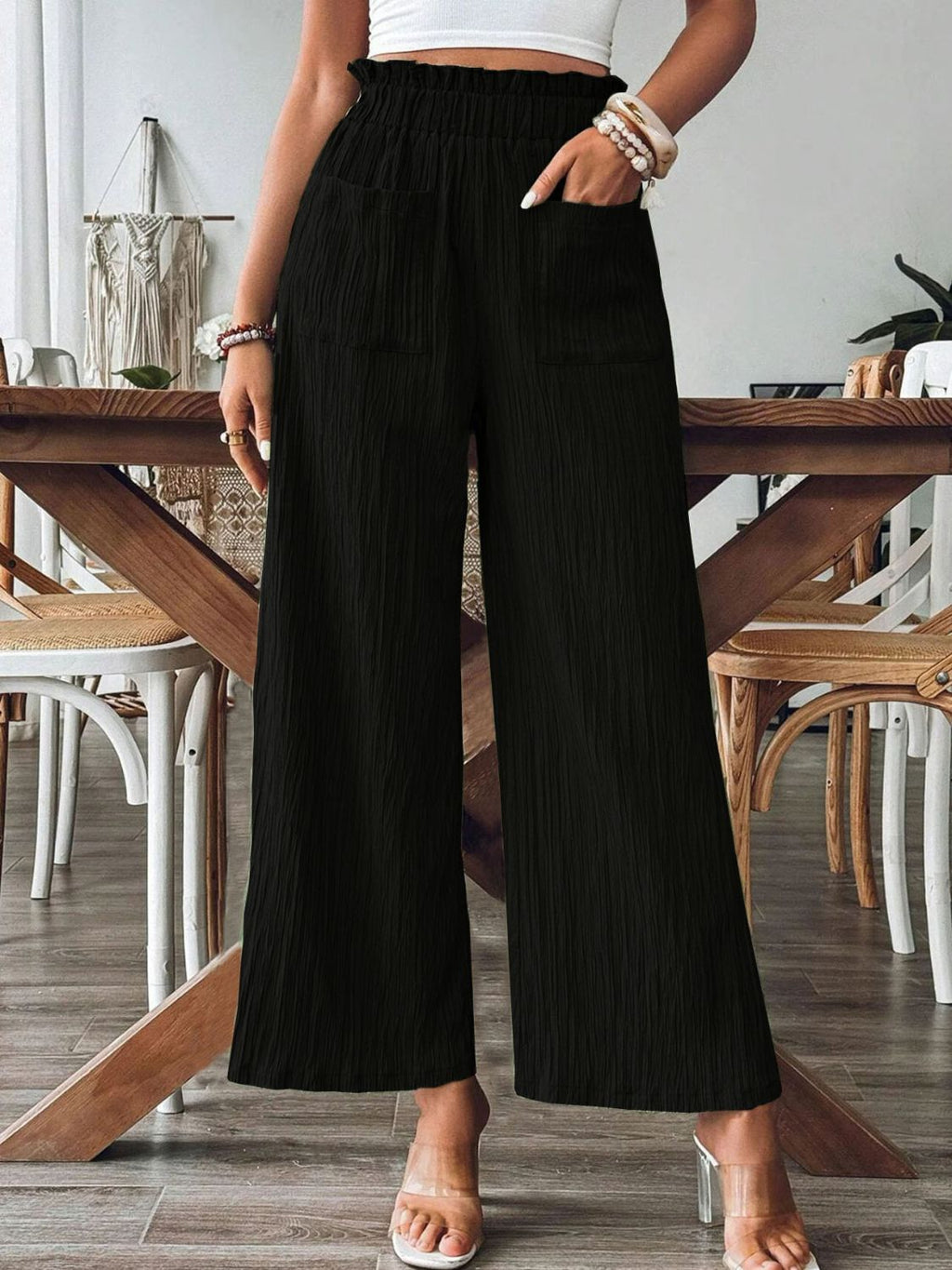 Pocketed Elastic Waist Wide Leg Pants by Wild and Free Boutique