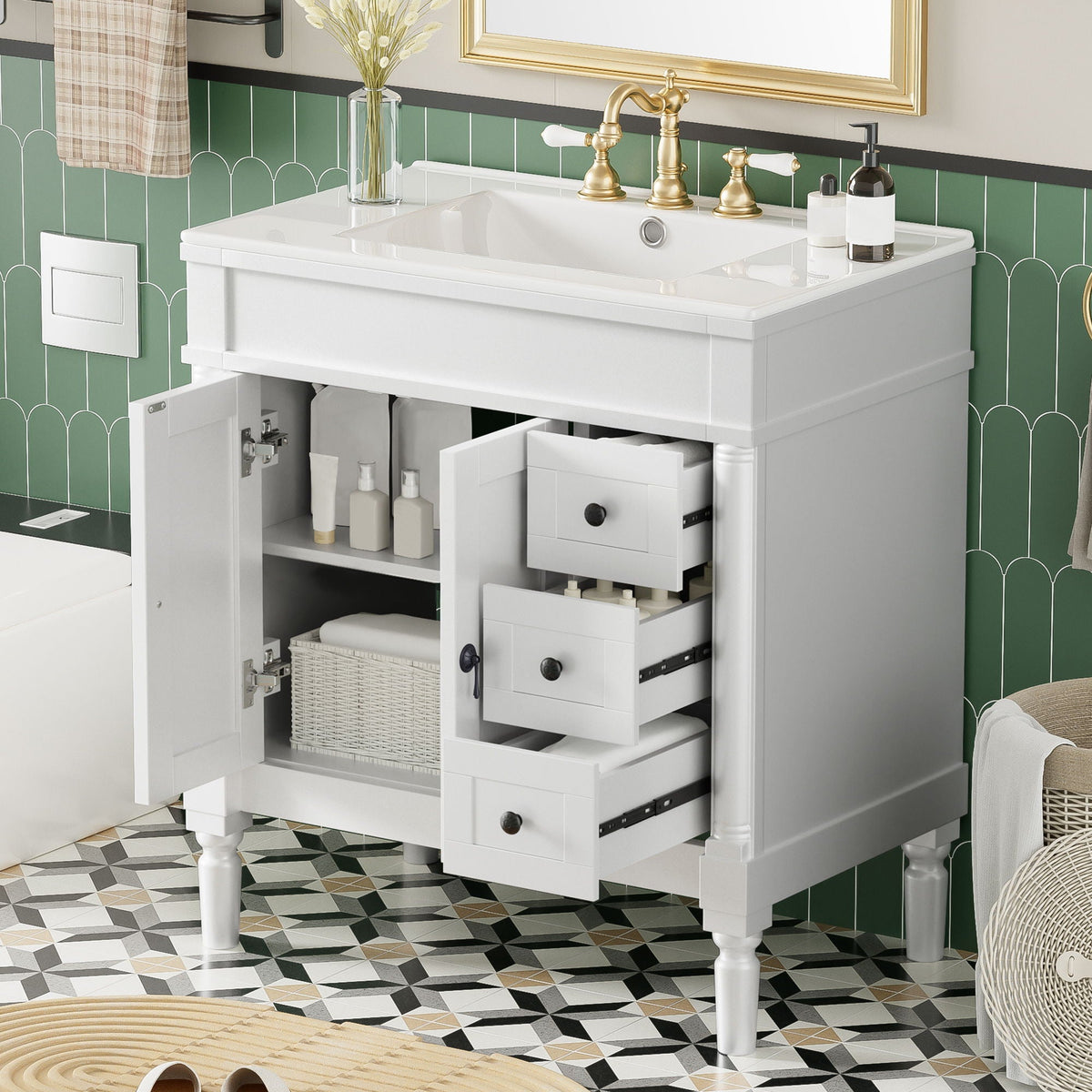 Bathroom Vanity With Ceramic Sink, 2 Doors 3 Drawers, Soft Close Design by Unique Piece Furniture