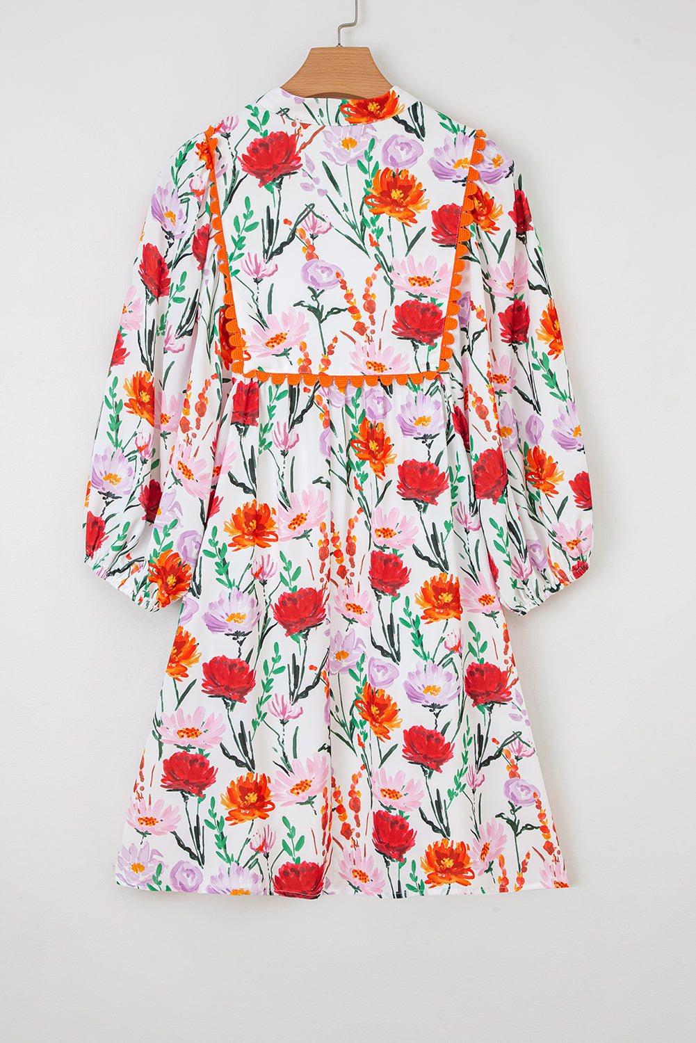 Beige Floral Print 3/4 Puff Sleeve Ricrac Trim Mini Dress by Wild and Free Boutique