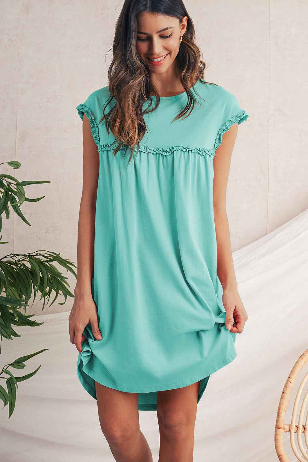 Mint Green Frilled Trim Crewneck Loose Fit Mini Dress by Wild and Free Boutique
