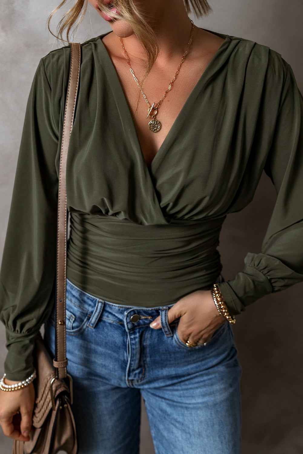 Moss Green Ruched Wrap V Neck Long Sleeve Bodysuit by Wild and Free Boutique