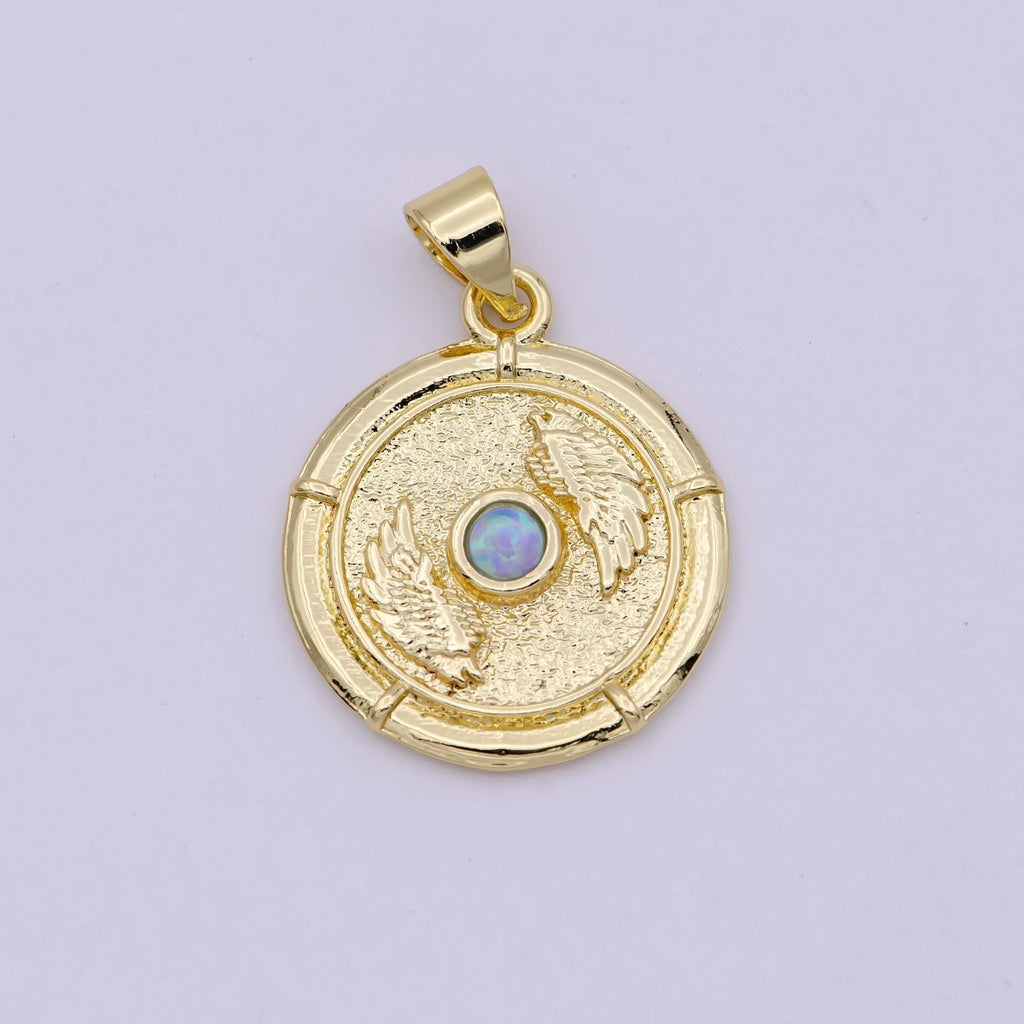 14K Gold Filled White, Blue Opal Angel Wing Round Pendant | H557 H560 by DLUXCA