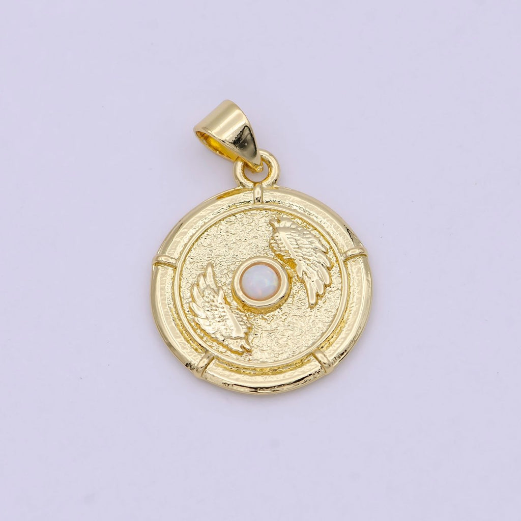14K Gold Filled White, Blue Opal Angel Wing Round Pendant | H557 H560 by DLUXCA