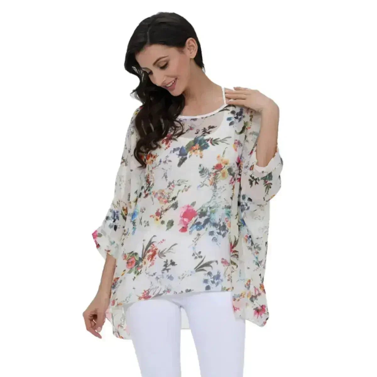 White Floral Chiffon Tunic Top - Summer Cover-Up | Femstylo by Femstylo