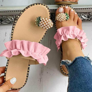 Pineapple Pearl Beach Slides Flat Toe Casual Womens Slippers by Silver Juneberry