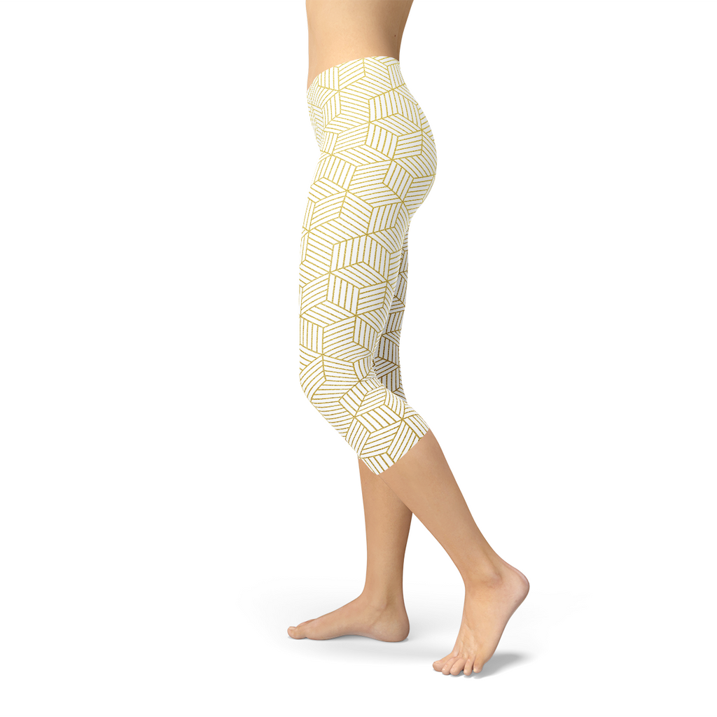 Womens White Capri Leggings w/ Geometric Cubes by Maroon Sooty