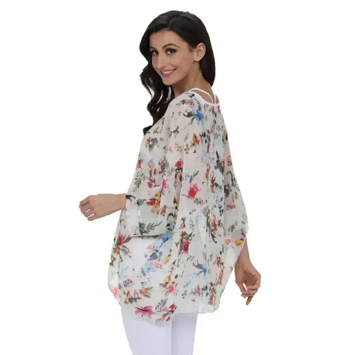 White Floral Chiffon Tunic Top - Summer Cover-Up | Femstylo by Femstylo