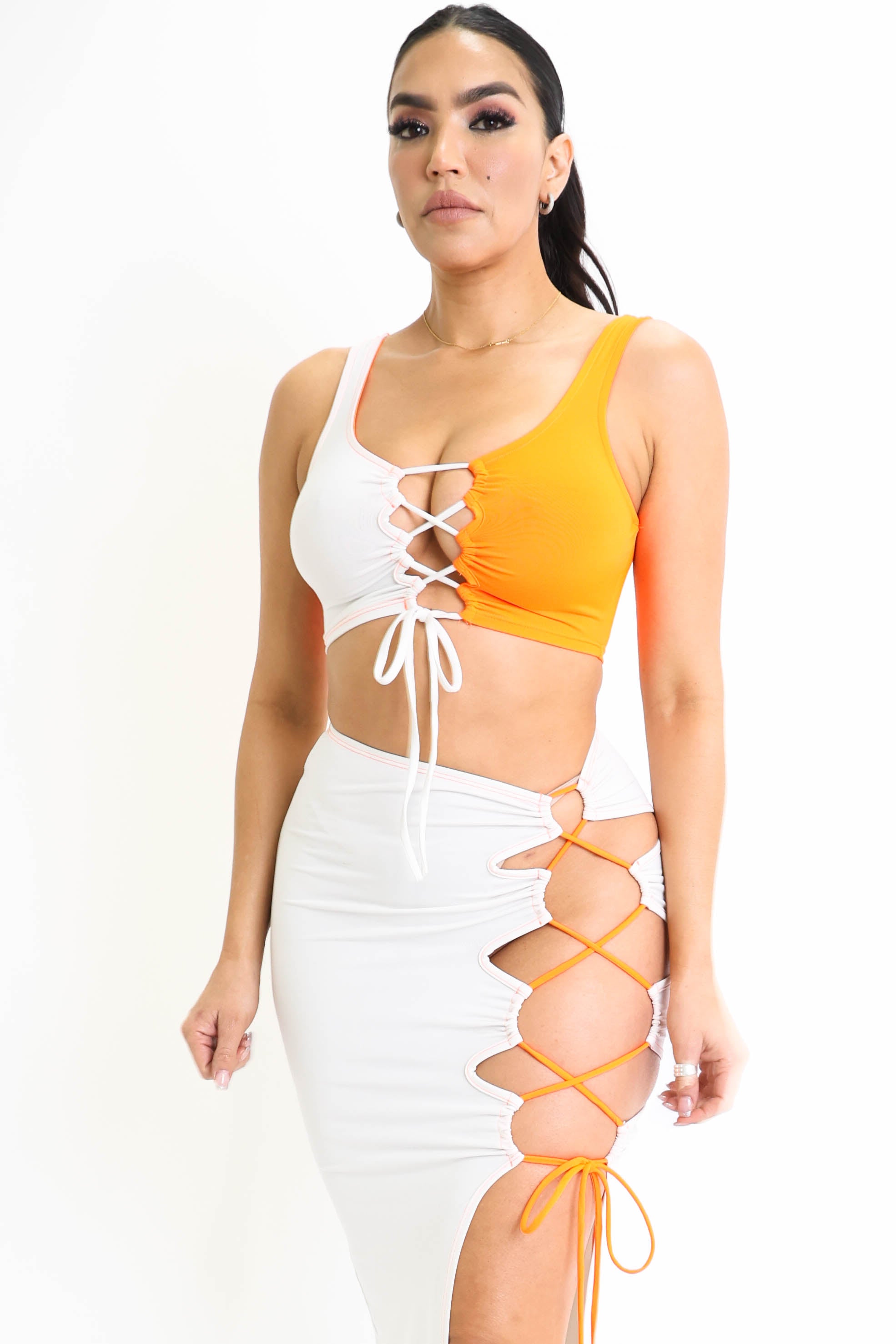 ColorBlock Side Lace up Top & Matching Maxi Skirt 2 Piece Outfit Set by Puce Juniper