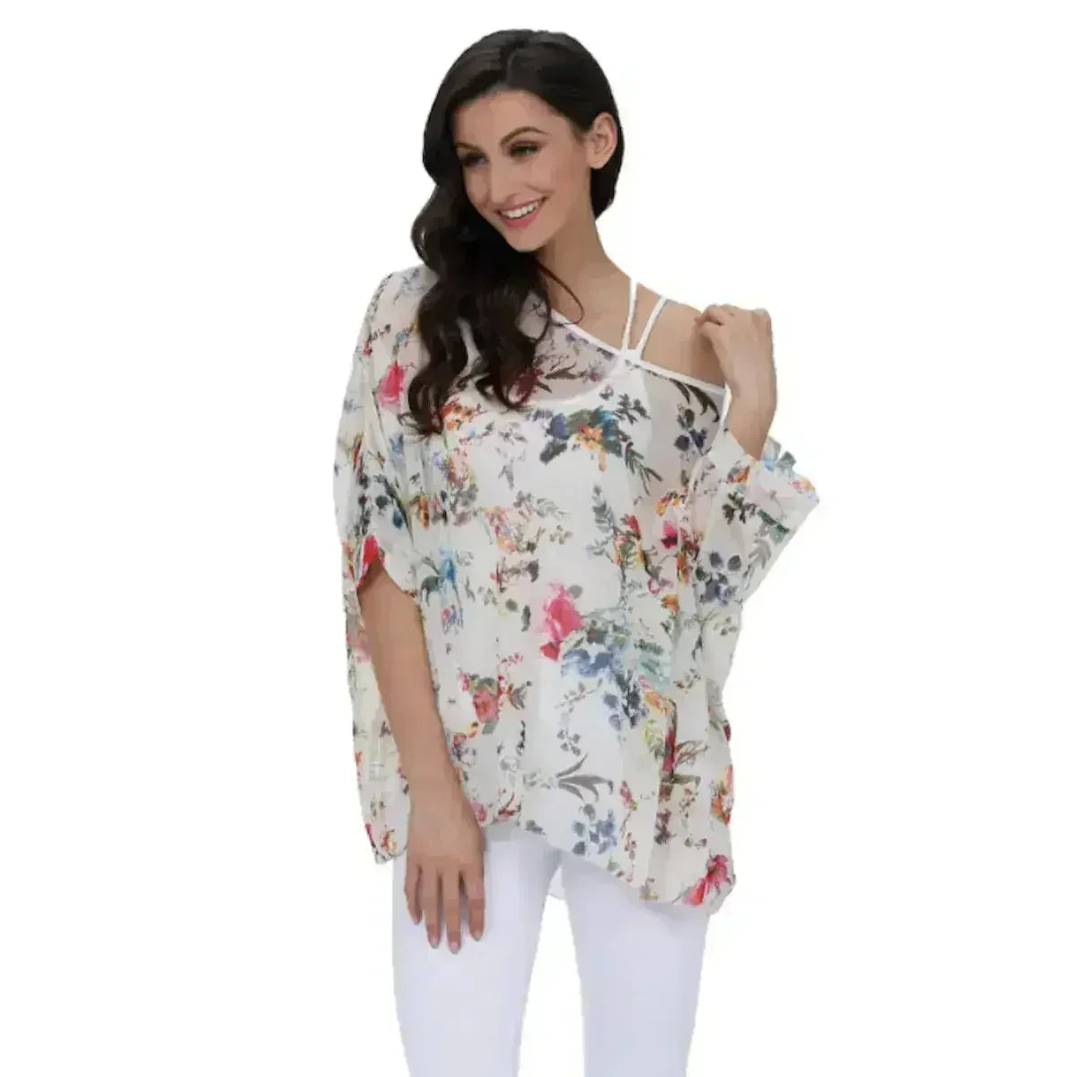 White Floral Chiffon Tunic Top - Summer Cover-Up | Femstylo by Femstylo
