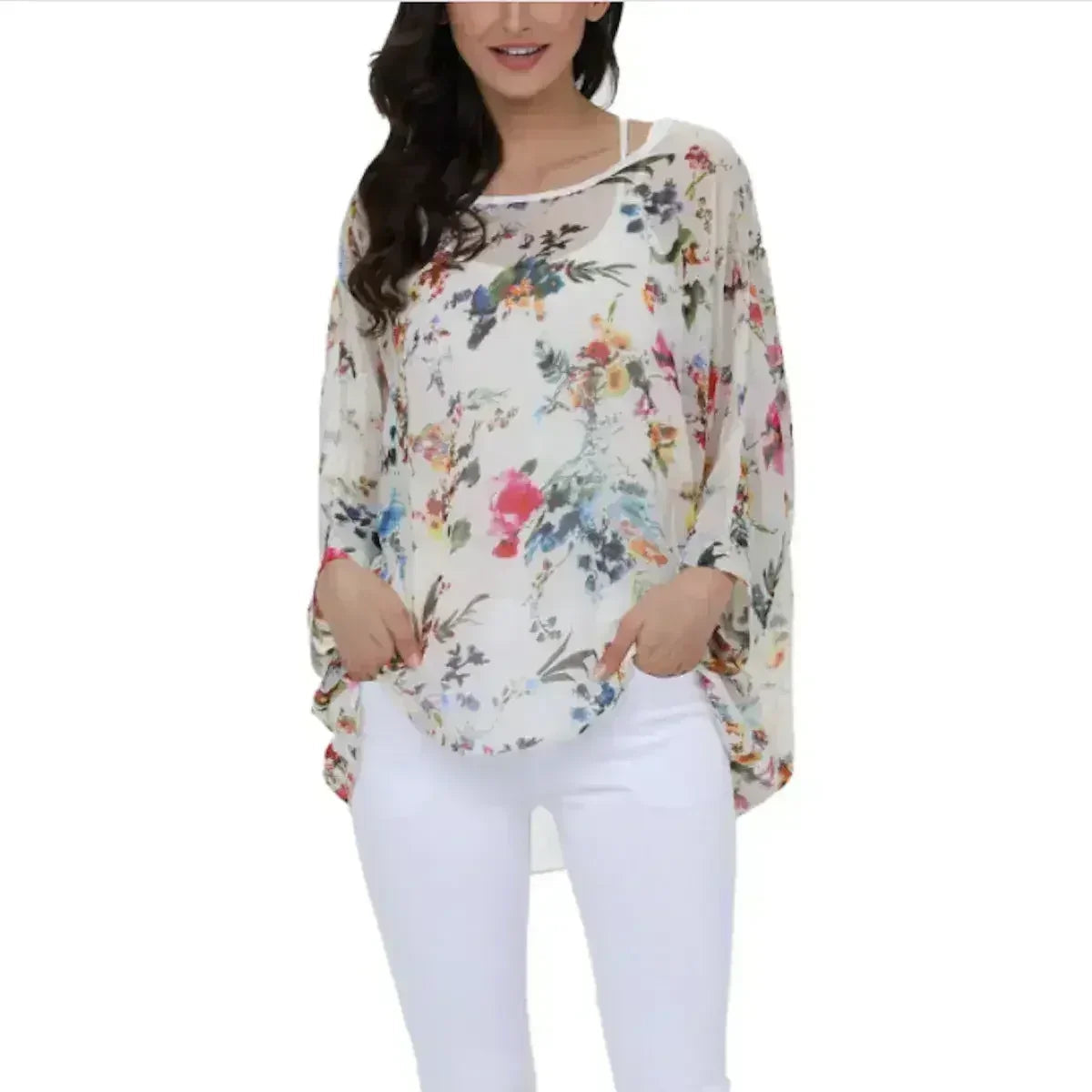 White Floral Chiffon Tunic Top - Summer Cover-Up | Femstylo by Femstylo