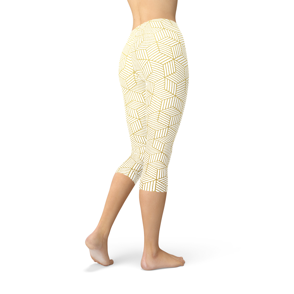 Womens White Capri Leggings w/ Geometric Cubes by Maroon Sooty