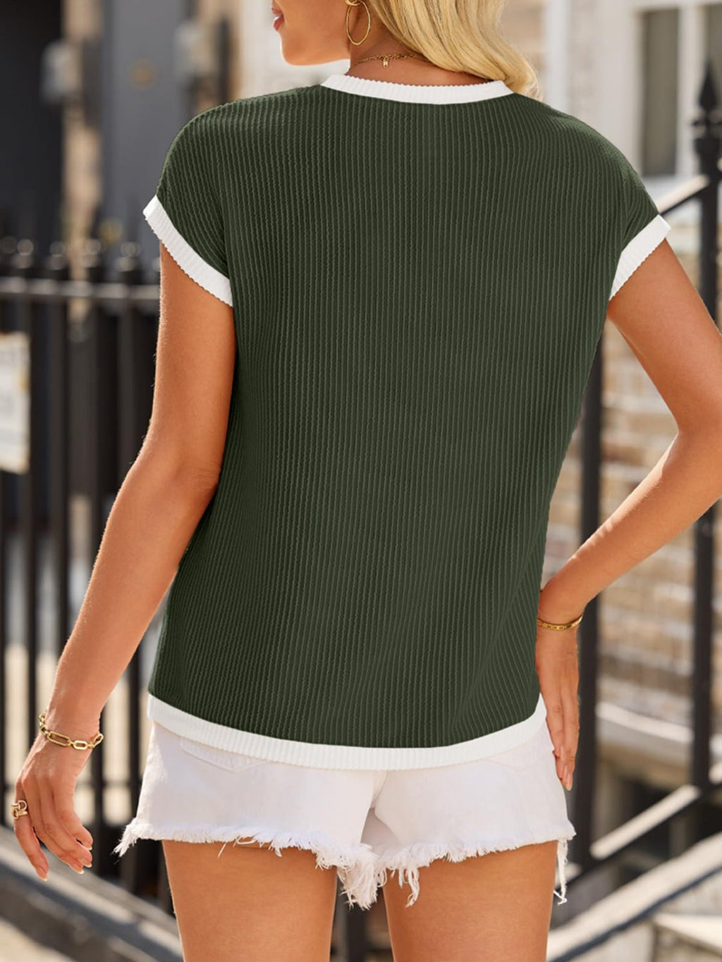 Contrast Trim Round Neck Short Sleeve T-Shirt by Wild and Free Boutique