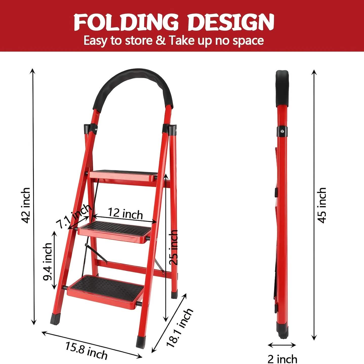 Folding 3/4-Step Ladder – Portable Steel Step Stool, Anti-Slip by DailySale