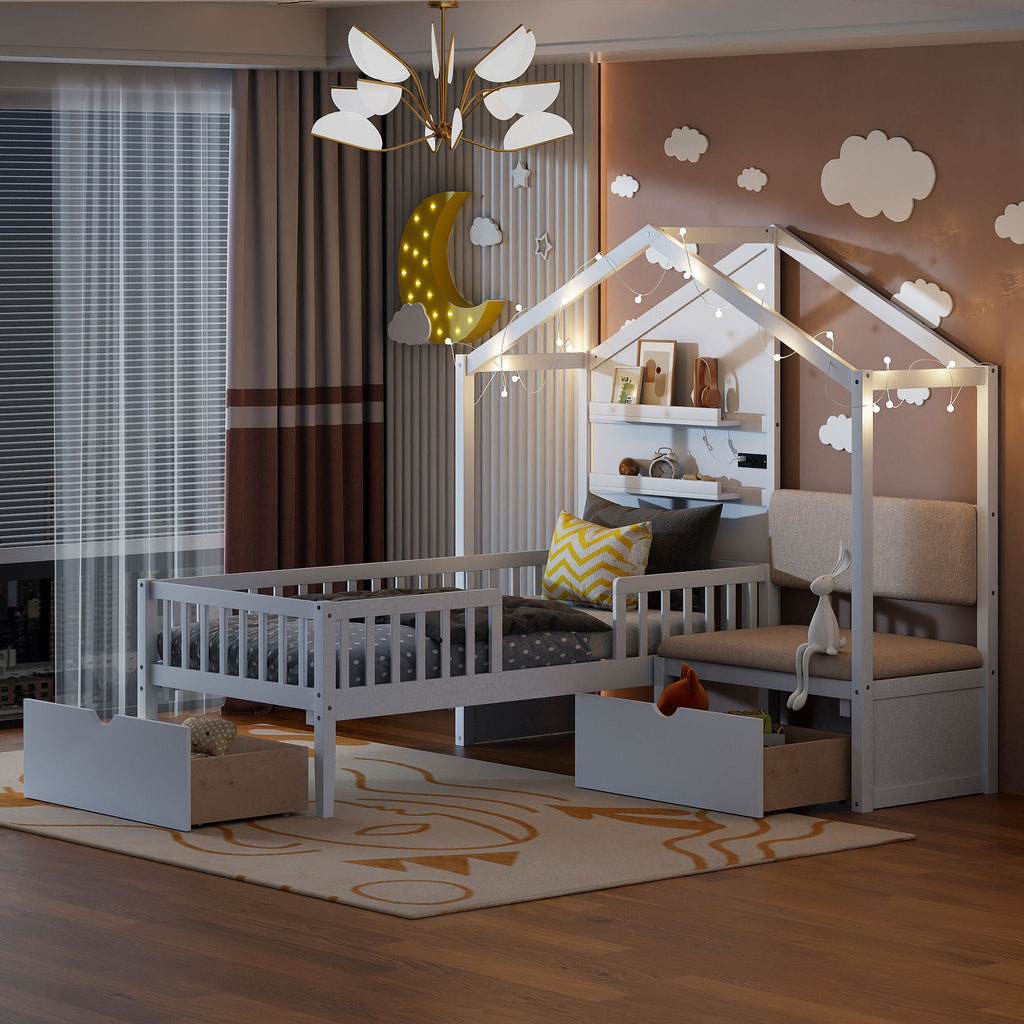 House Bed With Upholstered Sofa, Wireless Charging Station, Shelves And 2 Drawers by Unique Piece Furniture