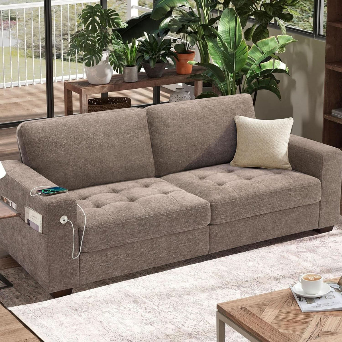 70 Inch Gray Chenille Loveseat With USB C Ports And Plush Cushions by ShipItFurniture