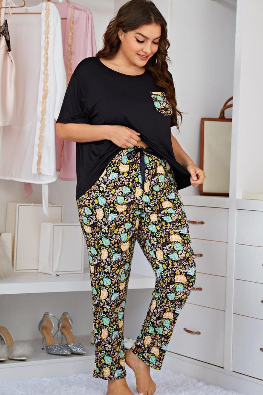 Plus Size Contrast Round Neck Tee and Floral Pants Lounge Set by Wild and Free Boutique