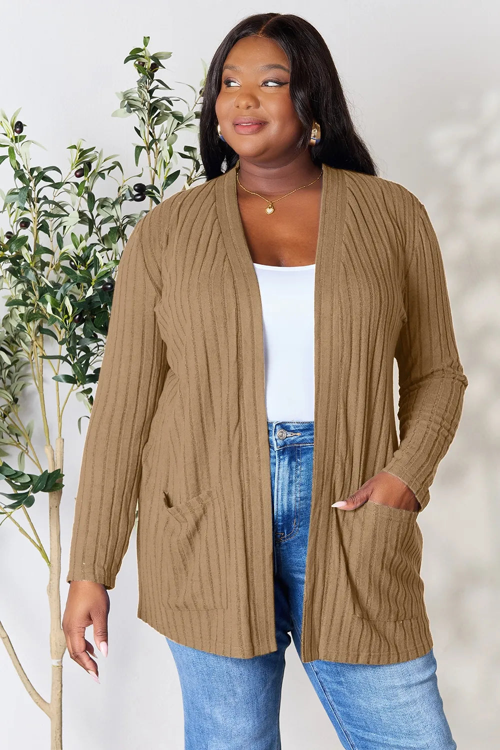 Basic Bae Full Size Ribbed Open Front Cardigan with Pockets by Wild and Free Boutique