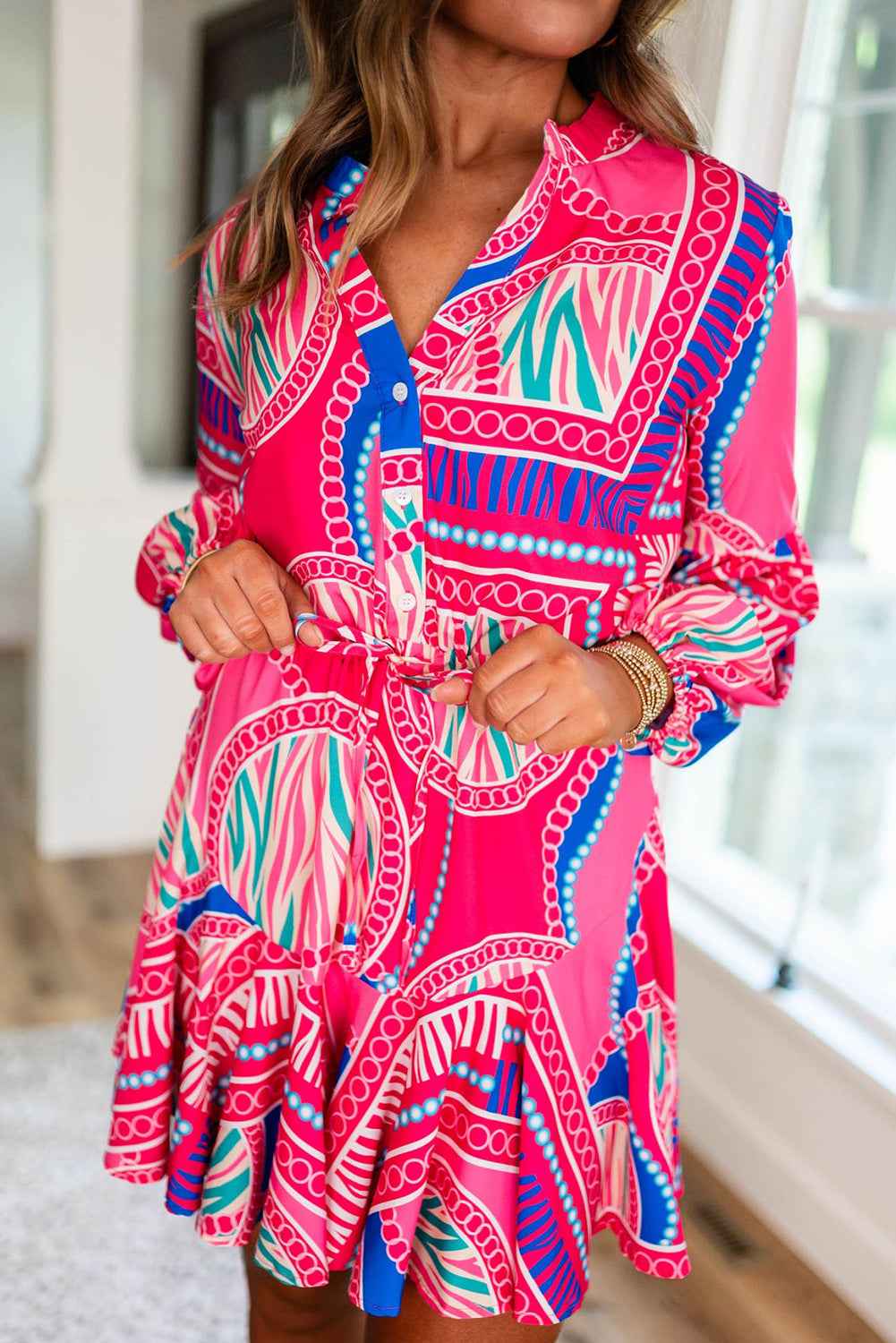 Rose Boho Abstract Printed Puff Sleeve Drawstring Waist Ruffled Mini Dress by Wild and Free Boutique
