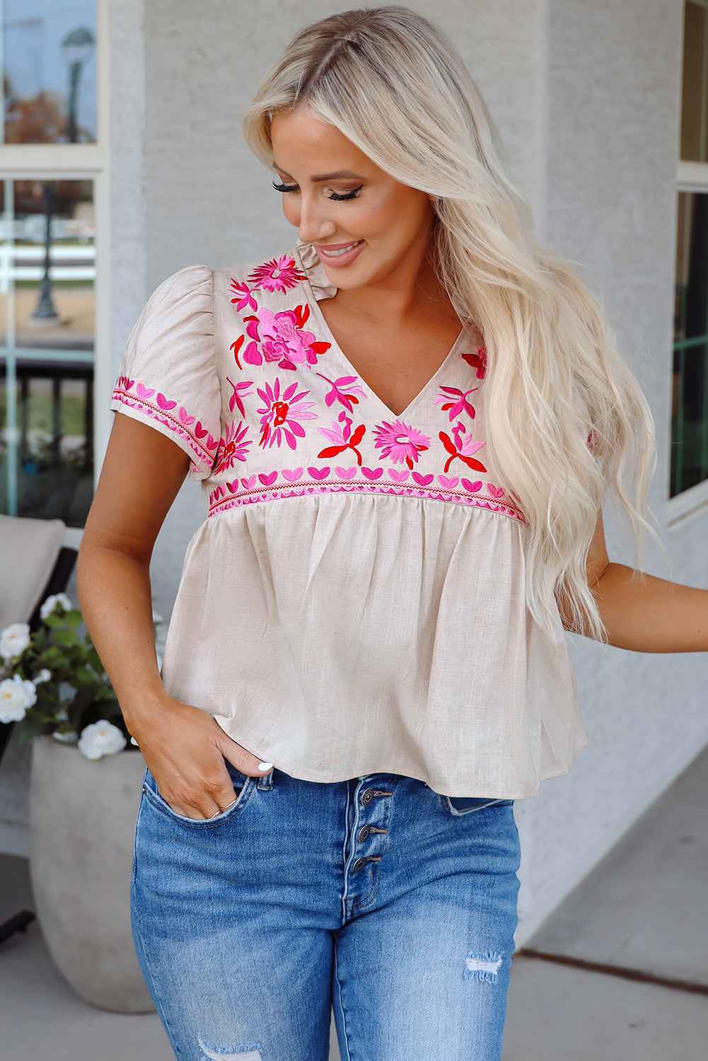 Beige Floral Embroidered Short Sleeve Notched V Neck Blouse by Wild and Free Boutique