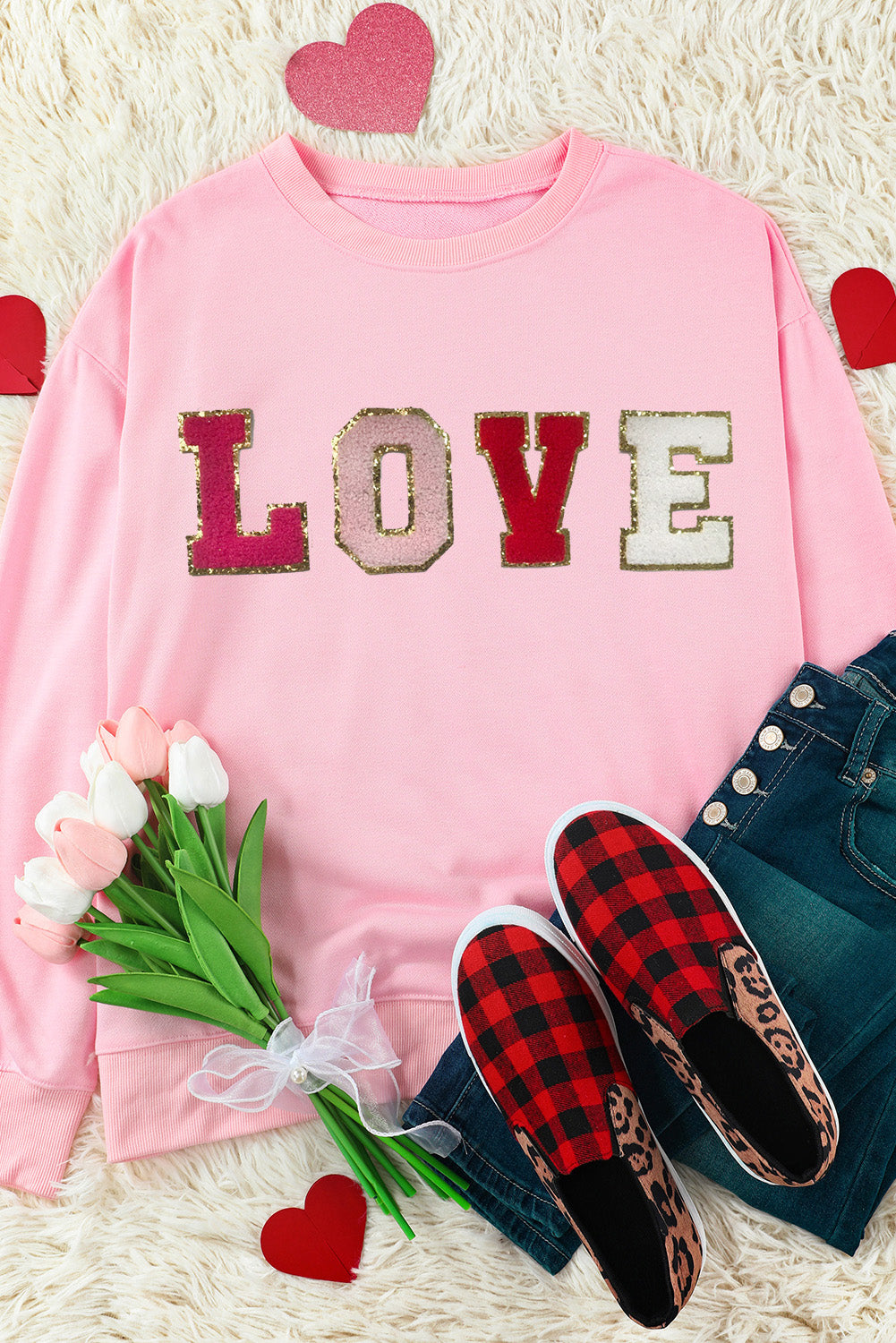 LOVE Patch Round Neck Dropped Shoulder Sweatshirt by Wild and Free Boutique