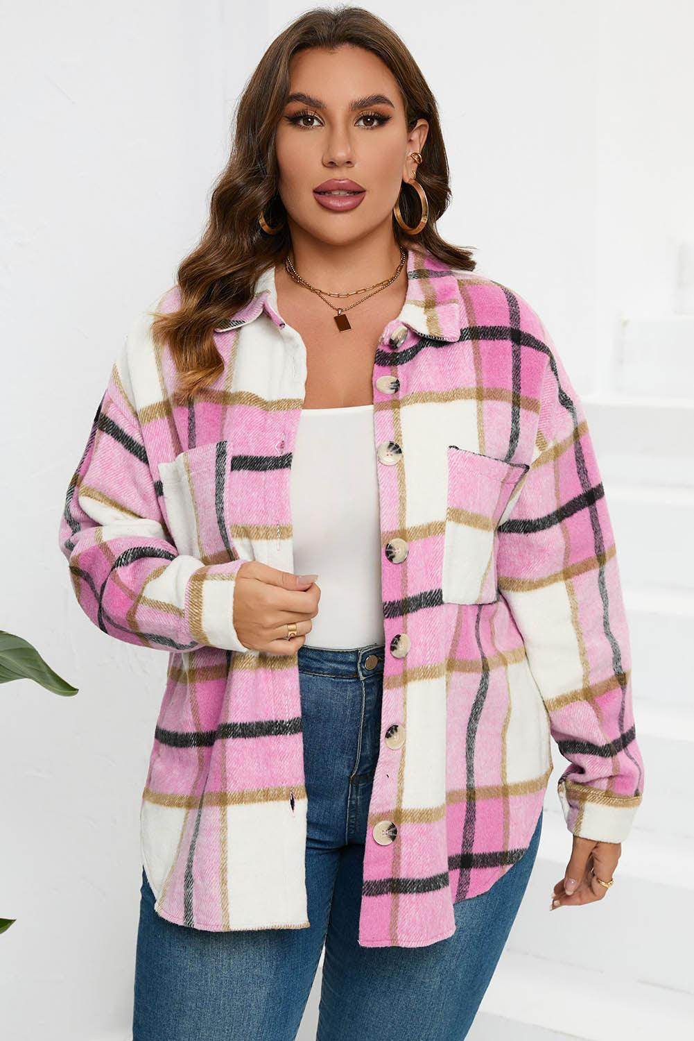 Plaid Button Up Dropped Shoulder Jacket for Women Stylish by Selvanelle