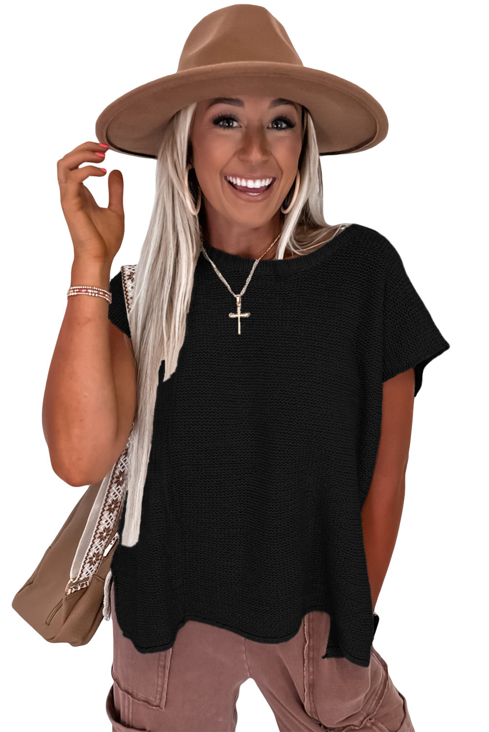 Black Solid Color Sweater Tee with Side Slits by Wild and Free Boutique