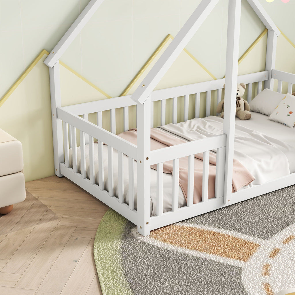 Wood House-Shaped Floor Bed With Fence, Guardrails by Unique Piece Furniture