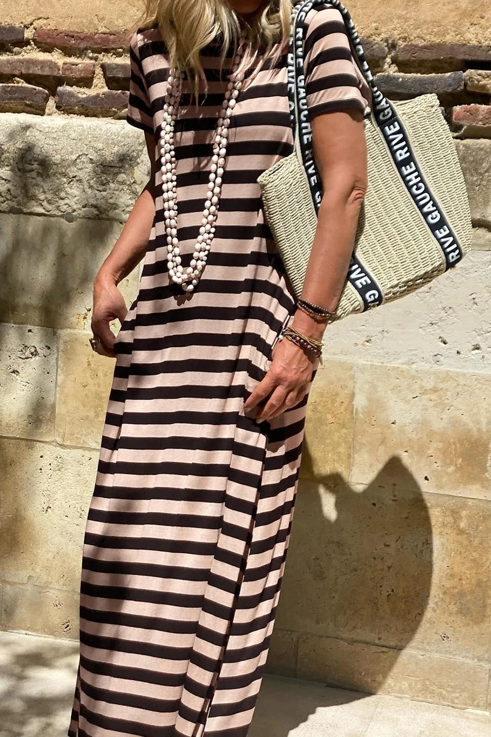 Stripe Casual Round Neck Tee Dress with Pockets by Simply Love