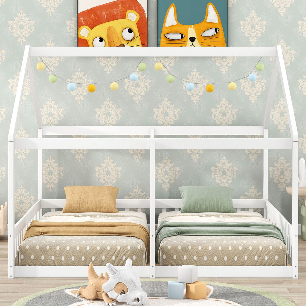 House Platform Beds, 2 Shared Beds, Metal Frame With Guardrails by Unique Piece Furniture