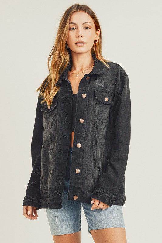RISEN Full Size Distressed Long Sleeve Denim Jacket for Women by Selvanelle