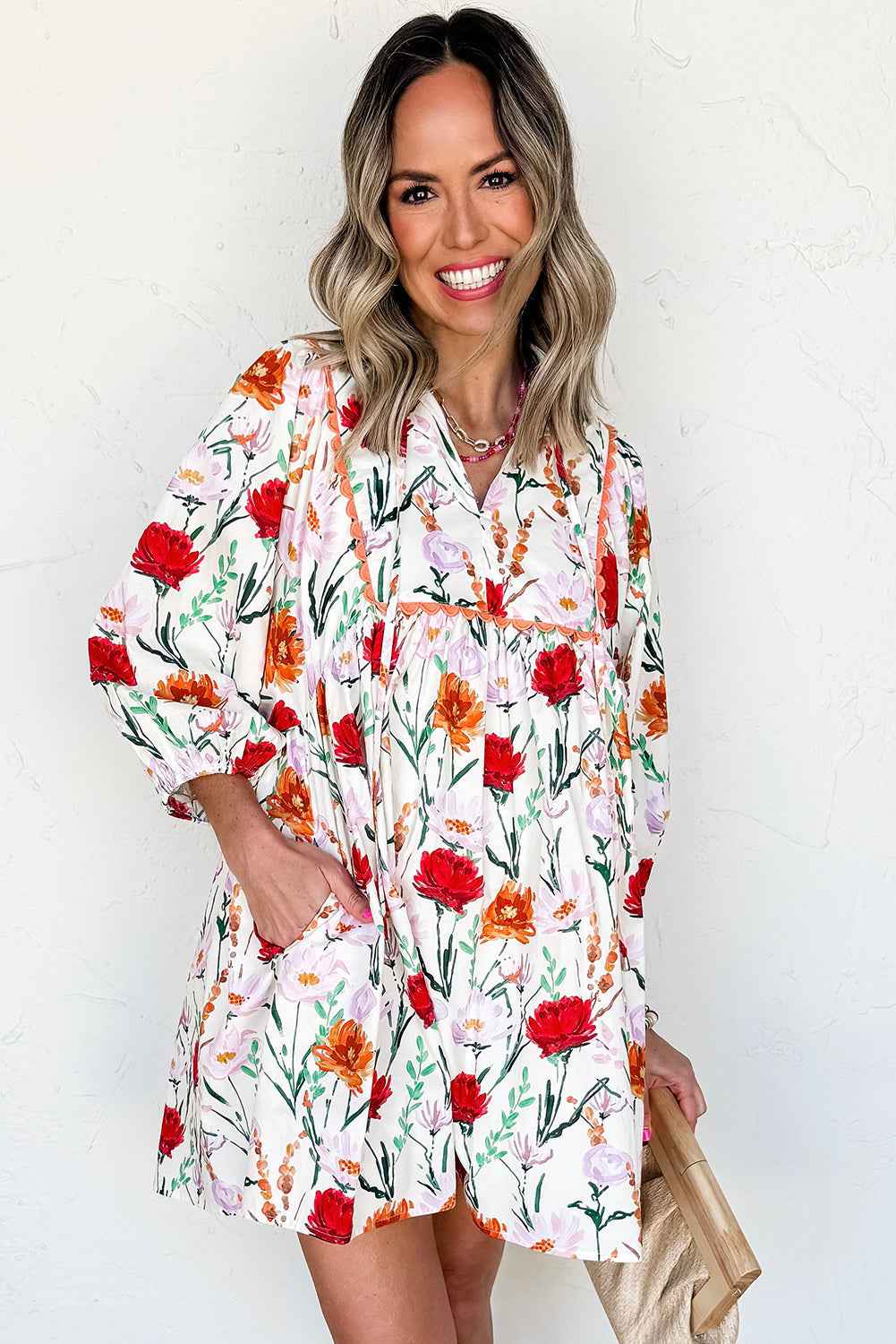 Beige Floral Print 3/4 Puff Sleeve Ricrac Trim Mini Dress by Wild and Free Boutique
