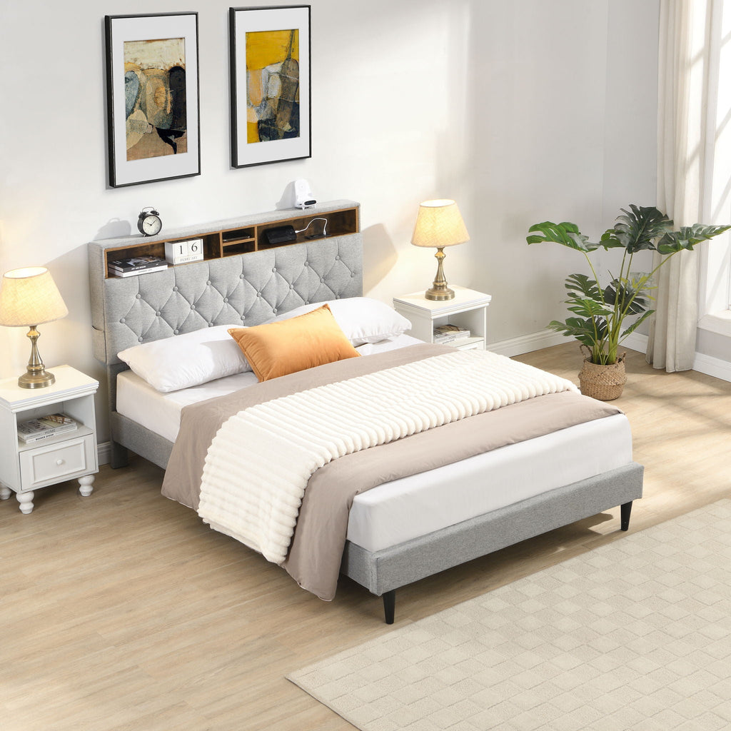 Modern Upholstered Platform Bed Frame With Button Tufted Headboard And USB Ports by Unique Piece Furniture