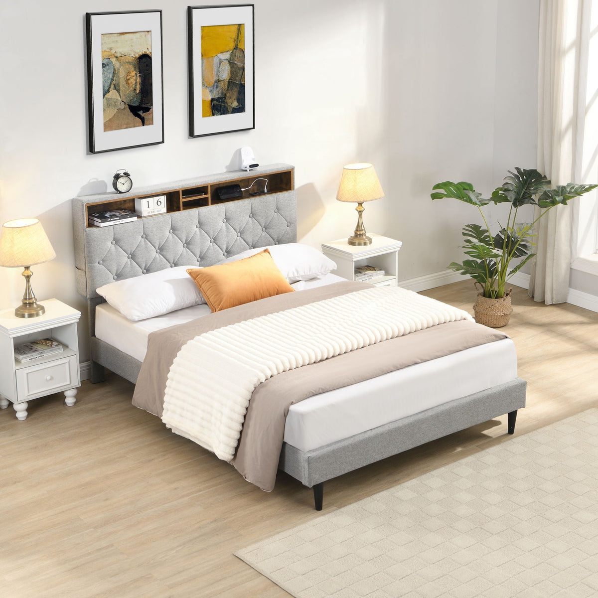 Modern Upholstered Platform Bed Frame With Button Tufted Headboard And USB Ports by Unique Piece Furniture