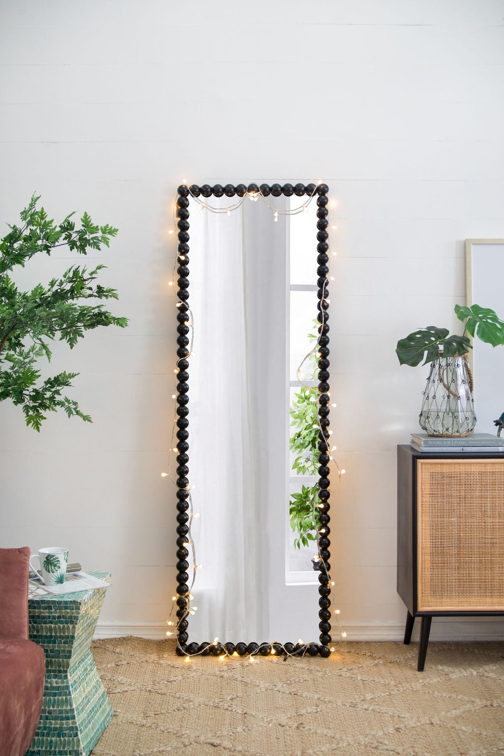 Full Length Mirror With Metal Beaded Frame, Rectangular Oversized Mirror For Living Room Bedroom - Black by Unique Piece Furniture