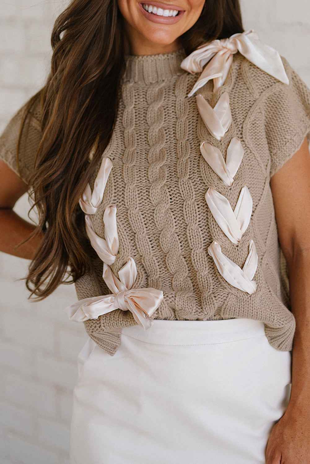 Simply Taupe Cable Knit Colorblock Satin Bowknot Short Sleeve Sweater by Wild and Free Boutique