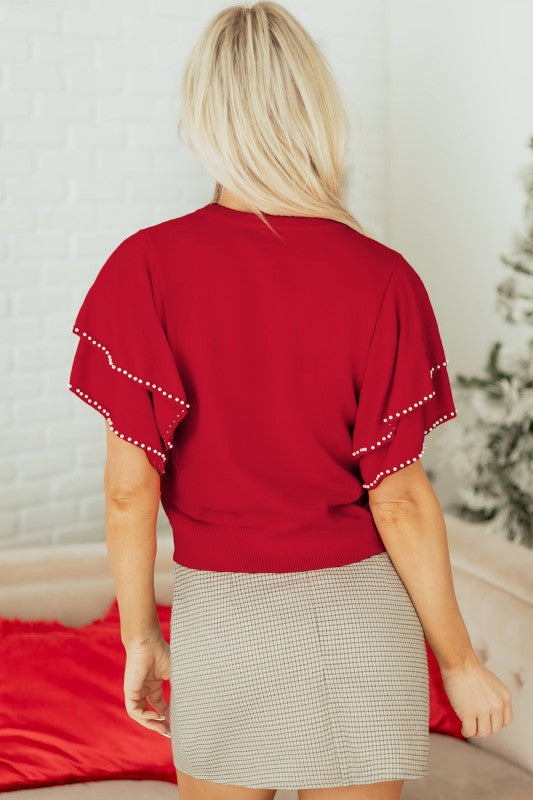 Solid Pearl Embellished Ruffle Sleeve Sweater by The Diamond Empire LLC