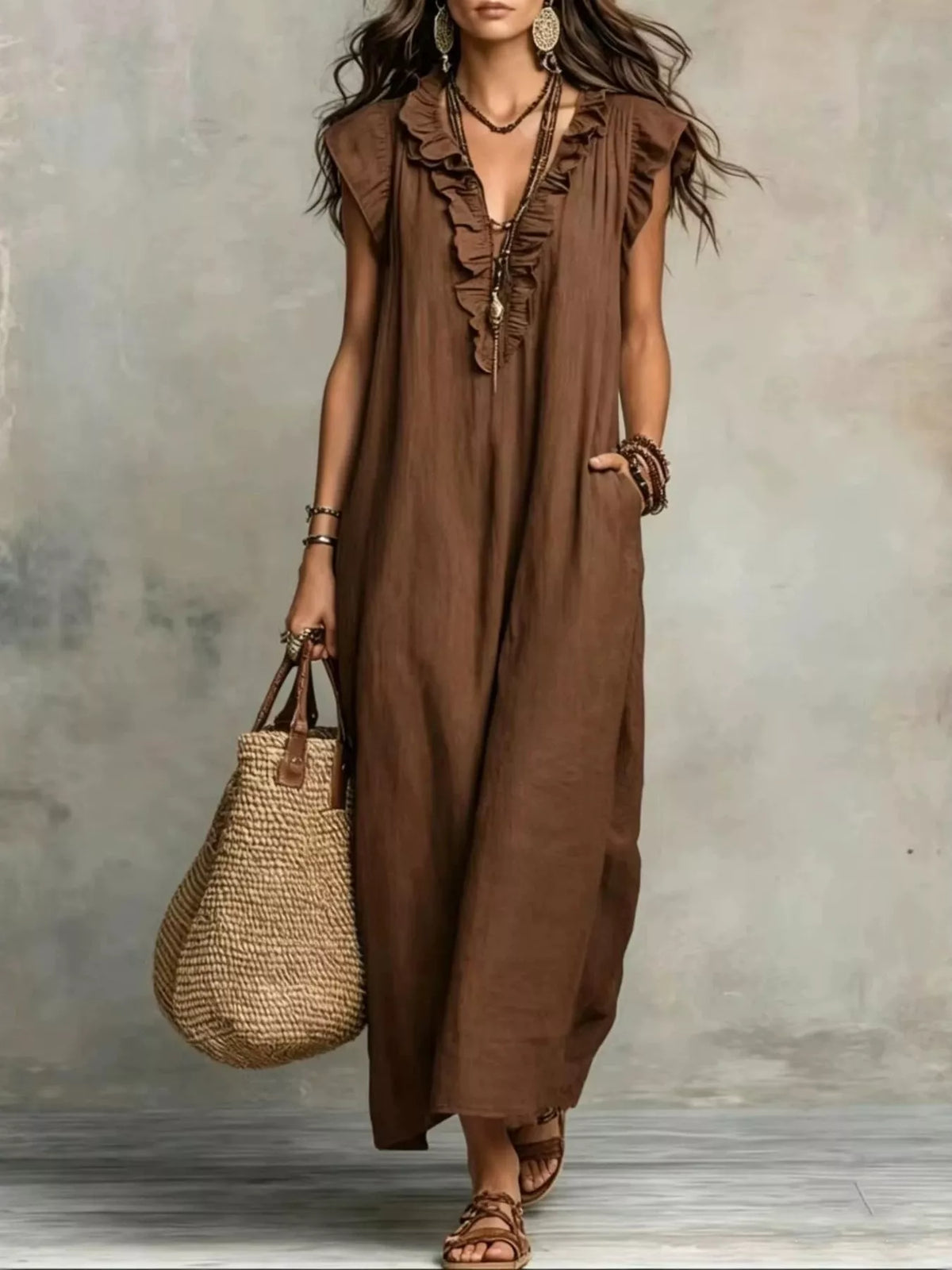 Full Size Ruffled V-Neck Cap Sleeve Maxi Dress Plus Size by Shopiebay