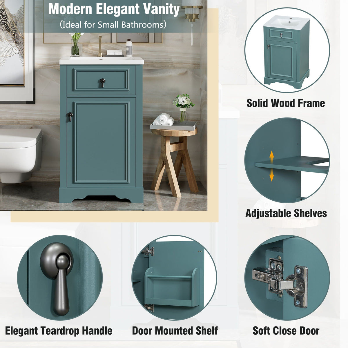 Elegant Bathroom Vanity With Ceramic Sink, Soft Close Door, Adjustable Shelf by Unique Piece Furniture