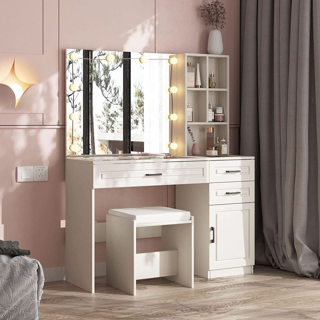 White Vanity Table Set With Glass Top Hollywood Mirror by ShipItFurniture
