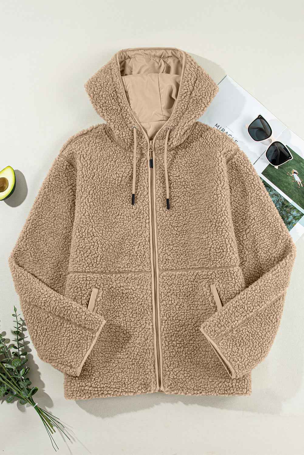 Pale Khaki Fleece Zip Up Drawstring Hooded Pocketed Jacket by Wild and Free Boutique