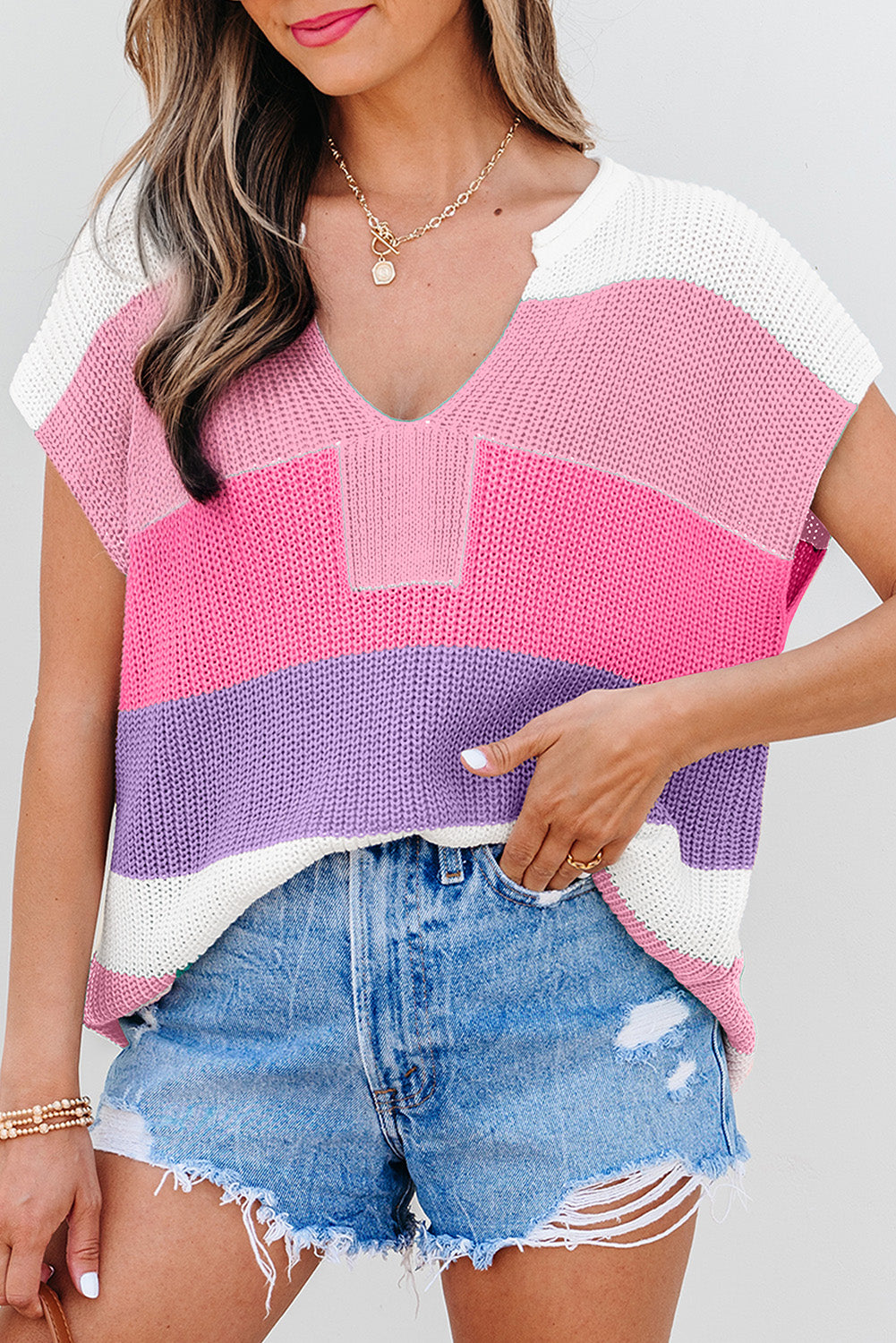 Light Blue Color Block Notch V Neck Sweater T Shirt by Dear-Lover Dropshipping