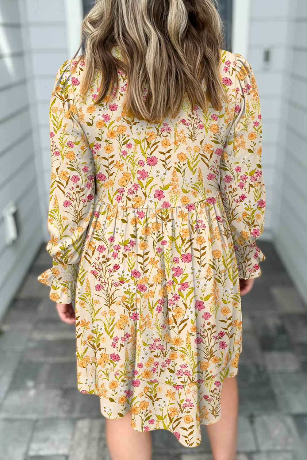Yellow Floral Print Frilly Trim Smocked Cuff Long Sleeve Loose Shirt Dress by Wild and Free Boutique