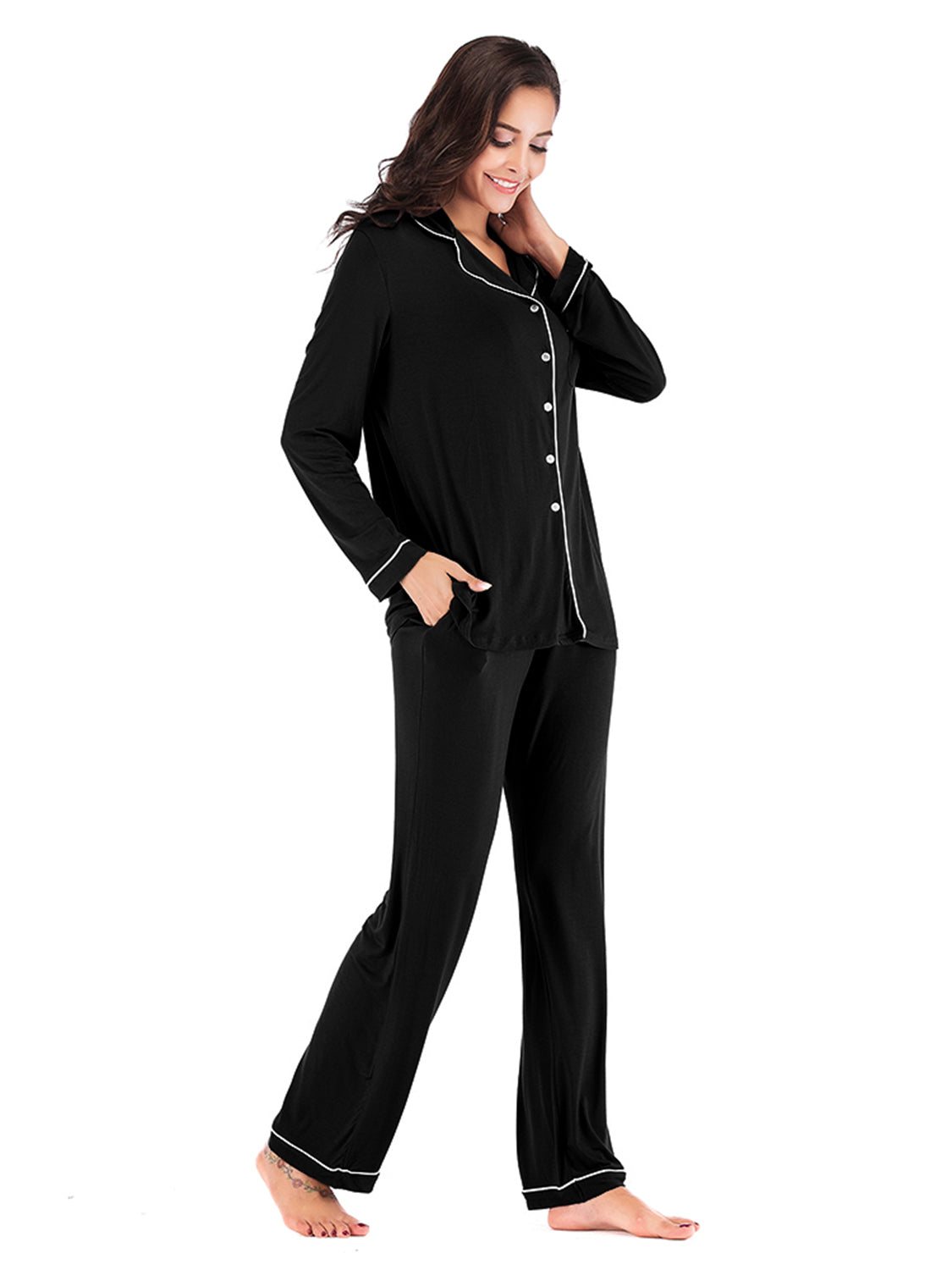 Collared Neck Long Sleeve Loungewear Set with Pockets by Wild and Free Boutique